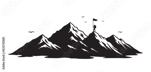 Mountain landscape with flag silhouette. Silhouette of mountain climber holding flag on snow-capped peak with flying birds and clouds background