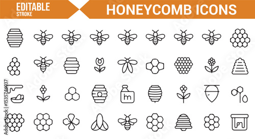 Set of editable icons featuring honeybees, hives, and honeycomb patterns for agriculture design.