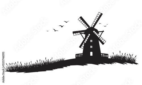Windmill on countryside hill silhouette. Traditional countryside windmill on grassy hilltop under open sky silhouette vector illustration.