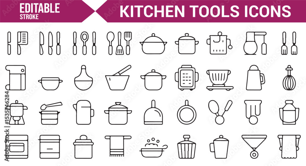 Naklejka premium Set of vector kitchenware icons featuring cooking pots, pans, and cutlery for digital use.