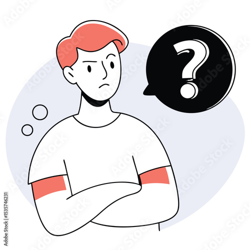 Red haired man with folded arms is wondering, question mark appears