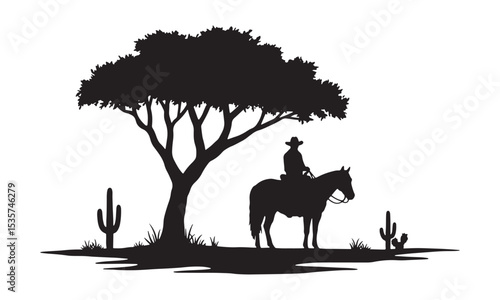 Cowboy riding horse in desert landscape with lone tree and cacti as silhouette vector illustration. Cowboy riding horse near tree silhouette