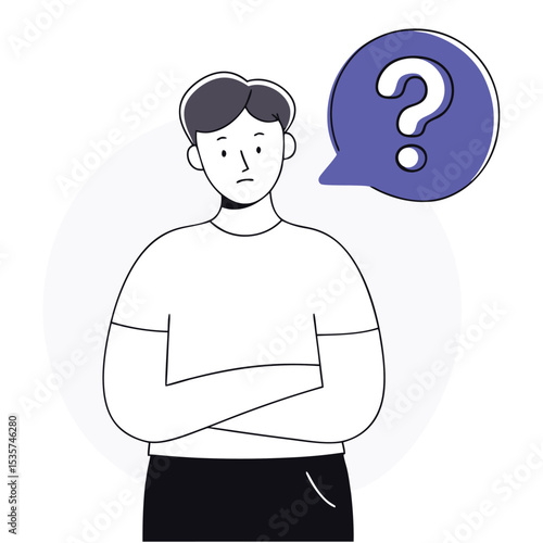 Puzzled asian man stands with crossed arms contemplating solution for the problem presented