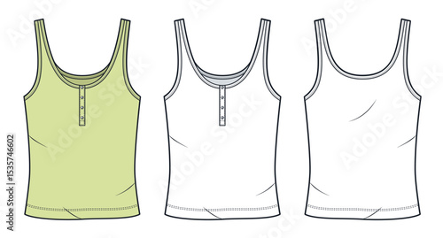  Scoop Neck Tank Top Technical Fashion Illustration. Half Button Top fashion flat technical drawing template, sleeveless, front and back view, white, lime green, women, men, unisex CAD mockup.