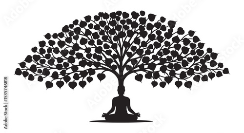 Buddha silhouette meditating under Bodhi tree vector illustration. Buddha silhouette under Bodhi tree, meditation vector