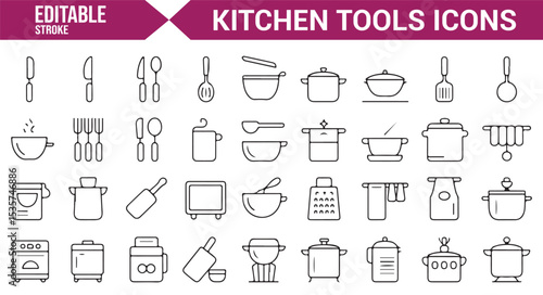 Kitchen appliances and utensils in editable vector style for cooking and meal prep.