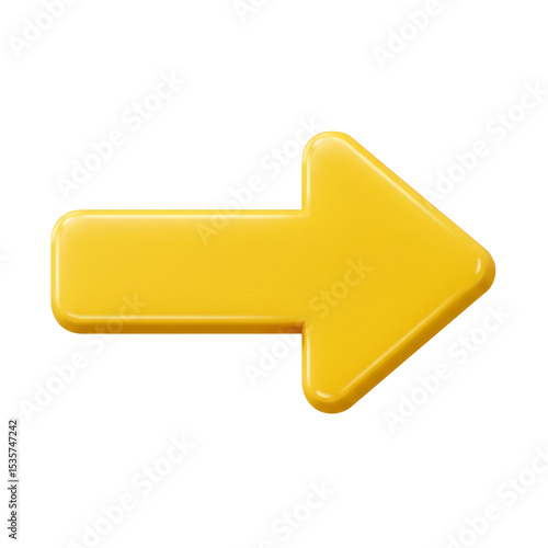 3D yellow arrow icon pointing to the right, bold and clean design, rendered in a smooth, cartoonish style, isolated on white.
