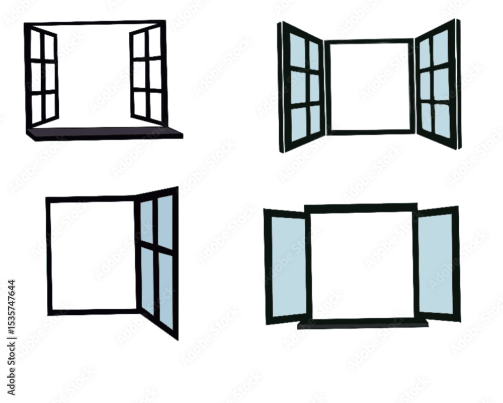 Vector drawing of an open window, isolated object in sketch style. Open home window to the outside illustration. Vector drawing of an open window, isolated object in sketch style. Open home window to the outside illustration.