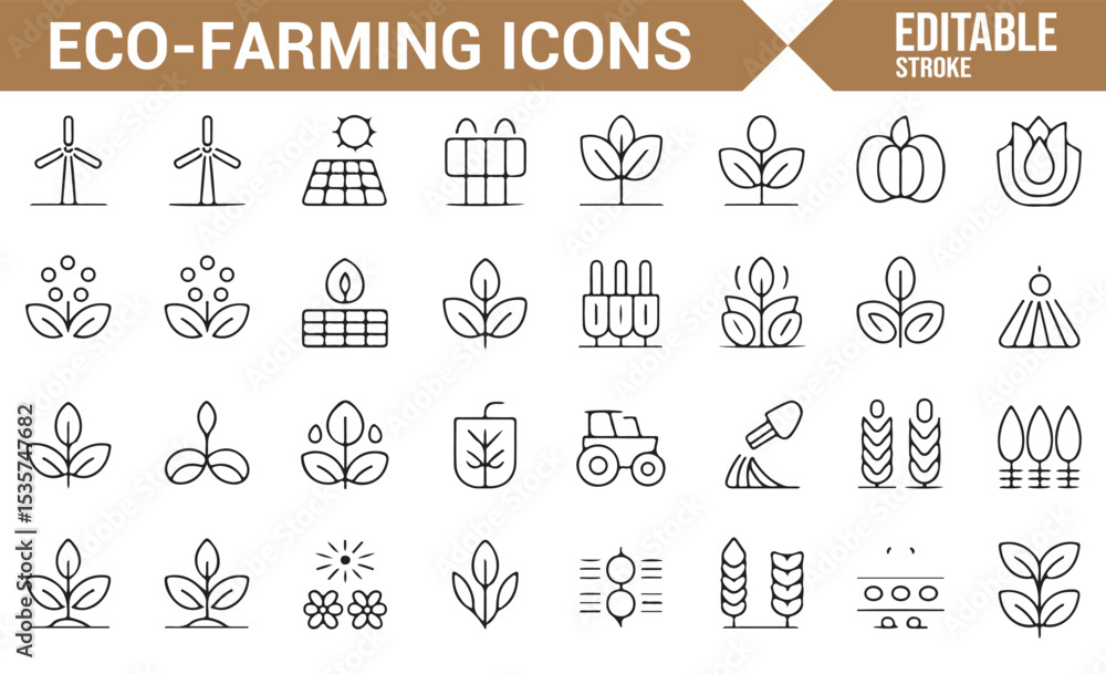 Fototapeta premium Editable vector icons for renewable farming, farm animals, and crop management.