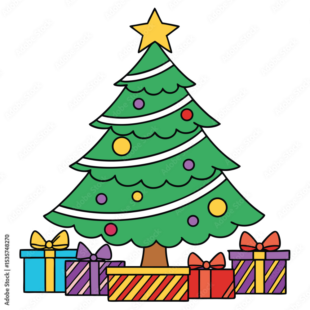 Fototapeta premium Festive cartoon christmas tree decorated with ornaments and gift boxes below