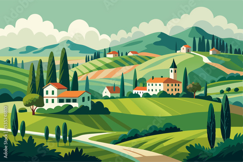 Tuscan Countryside Landscape: Rolling Hills, Village, Cypress Trees