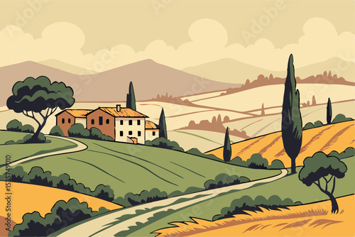 Tuscan Countryside Landscape: Rolling Hills, Farmhouse, Vintage Style Illustration