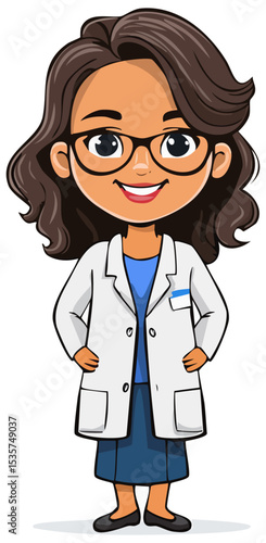 Cartoon female medical professional in white coat, isolated 