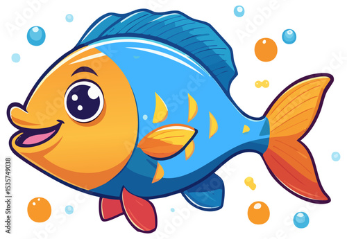Cartoon fish surrounded by bubbles illustration, isolated 