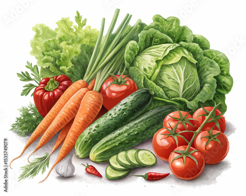 A variety of fresh vegetables white background