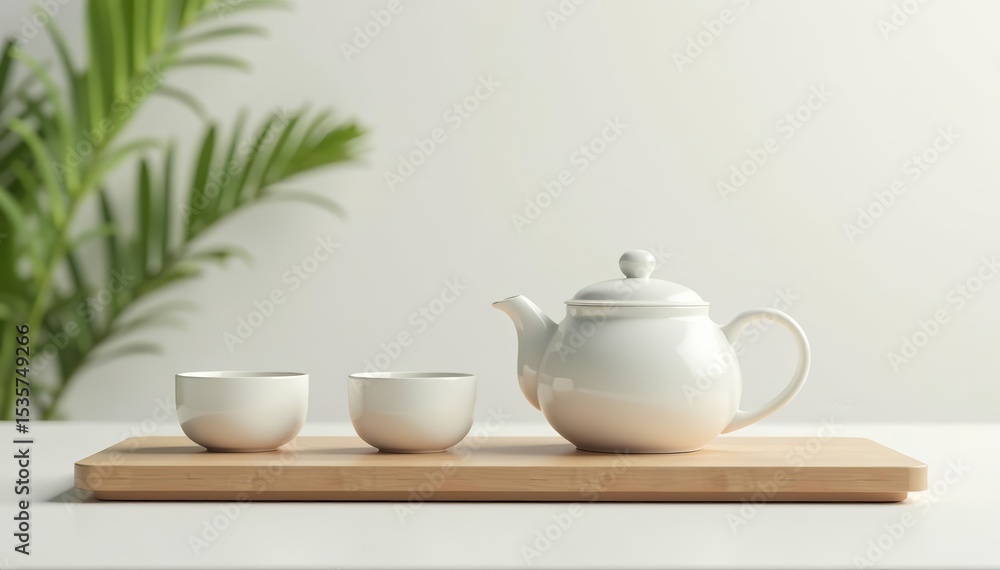 Fototapeta premium Minimalist white tea set for one with modern design, cup, serving