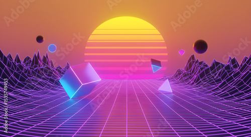 Synthwave-style 3D elements hovering over a neon grid at sunset—evocative of 80s retro-futurism, ideal for music or gaming themes. CERATIVE BY AI