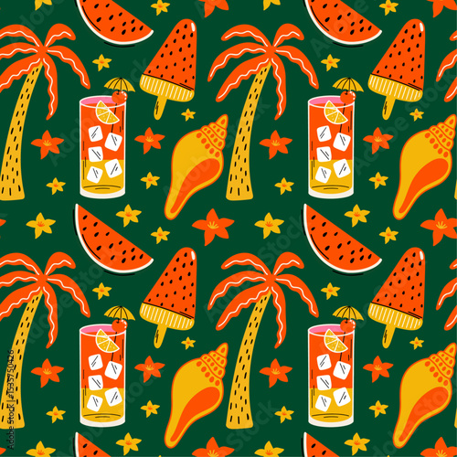 Tropical aesthetic, summer vacation vibes, holiday themed seamless vector pattern with cute groovy funky cartoon illustration of sea beach objects, palm tree, exotic flowers, cocktail, shell