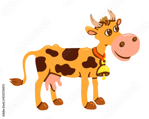 Cute happy cow farm animal pet nature domestic, one farm happy horned animal isolated on a white background