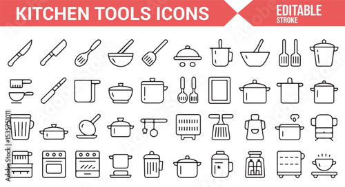 Set of kitchen tool icons featuring cooking pots, utensils, and kitchen appliances in editable format.