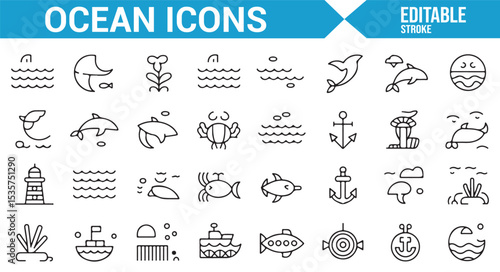 Icons for ocean life, marine animals, and sea creatures in editable vector format