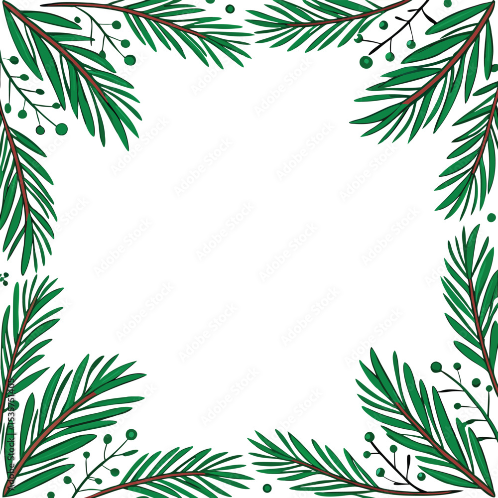 Hand-drawn christmas frame featuring green fir branches and berries on a white background Hand-drawn christmas frame featuring green fir branches and berries on a white background