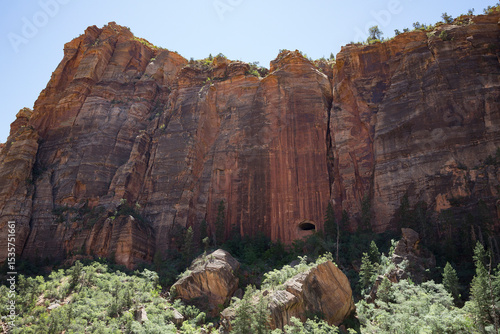 Zion National Park rock face formation with tunnel