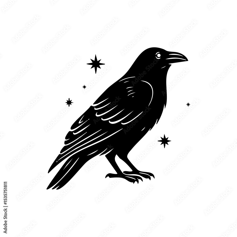 Obraz premium Stylized raven silhouette with scattered stars in elegant composition. Mysterious black bird illustration in minimalist night theme.