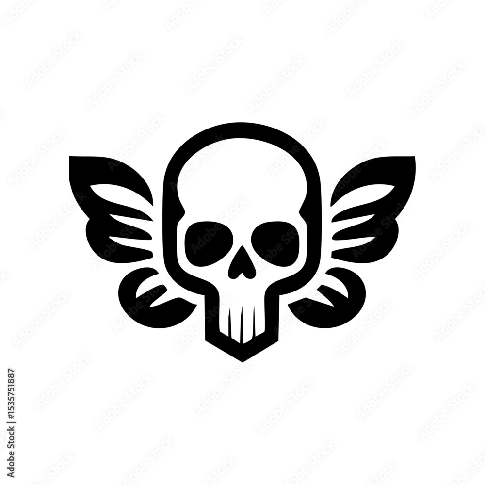 Fototapeta premium Minimalist black skull and wing symbol ideal for gothic or fantasy themes.
