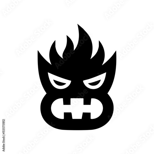 Simplified cartoon flame head icon with angry expression and big eyes. Fun and aggressive branding icon in fire style with toothy grin.



