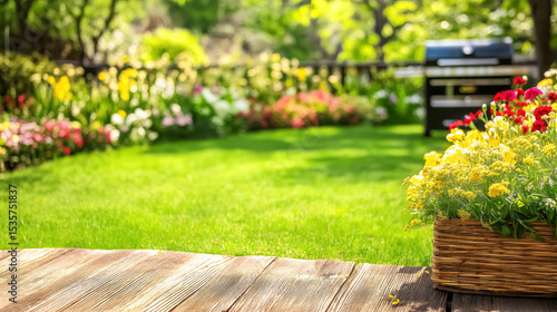 Summer time in backyard with wooden table, grill BBQ and blurred background