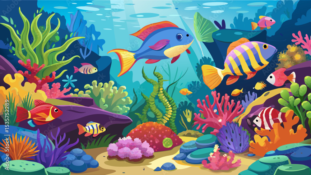 Fototapeta premium Tropical sea underwater fishes on coral reef. Aquarium oceanarium wildlife colorful marine panorama landscape nature snorkel diving