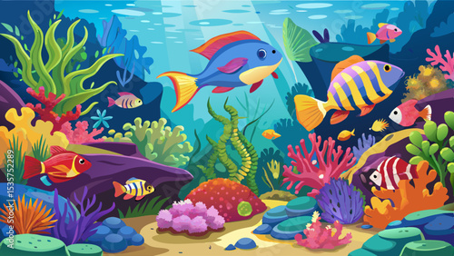Tropical sea underwater fishes on coral reef. Aquarium oceanarium wildlife colorful marine panorama landscape nature snorkel diving