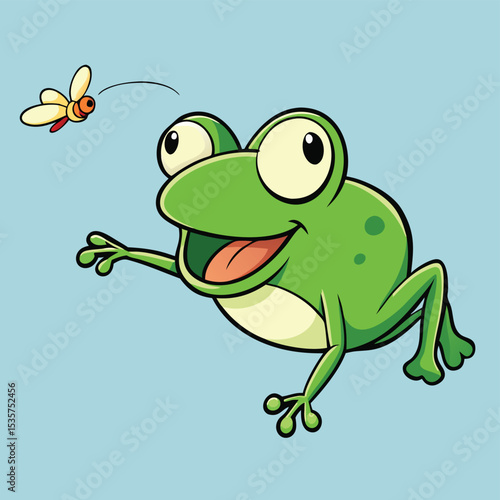 A tiny frog, mid-leap with its tongue extended, ready to catch an invisible insect, showcasing its swift hunting action in nature.