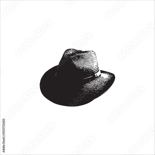 a cowboy hat rounded at the top with one indentation in the center, with a ribbon neatly secured