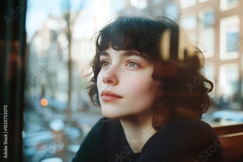 Young beautiful woman with short dark hair looking out a window. Reflection on glass. Calm thought and contemplation concept