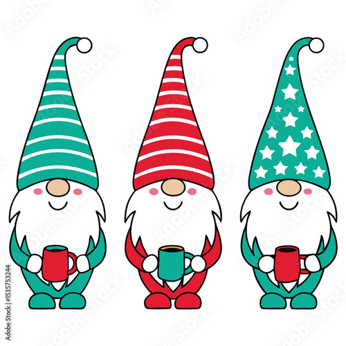 Three festive gnomes wearing christmas hats and holding mugs perfect for holiday season designs