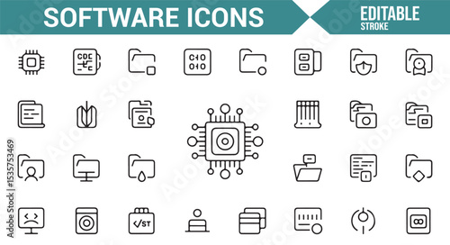 Editable vector icons for app development, cloud storage, and security tools.