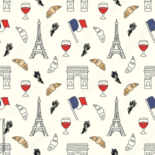 Seamless pattern with French icons like the Eiffel Tower, Arc de Triomphe, croissants, wine, and flags. Ideal for travel, culture, and Parisian themes.