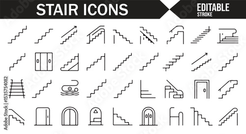 Icons representing different types of stairs, ladders, and stairways for construction and design.