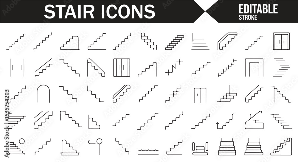 Fototapeta premium Vector icons for stairways, ladders, and building steps in editable design format.