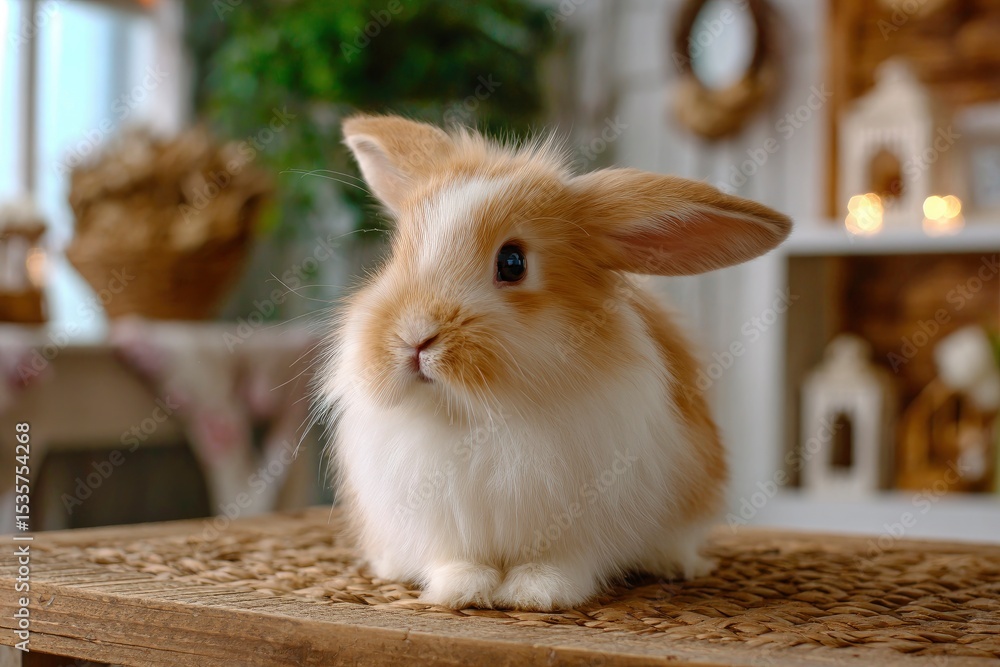 Obraz premium Fluffy tan and white rabbit sitting on a textured wood surface in front of a blurred lightfilled background