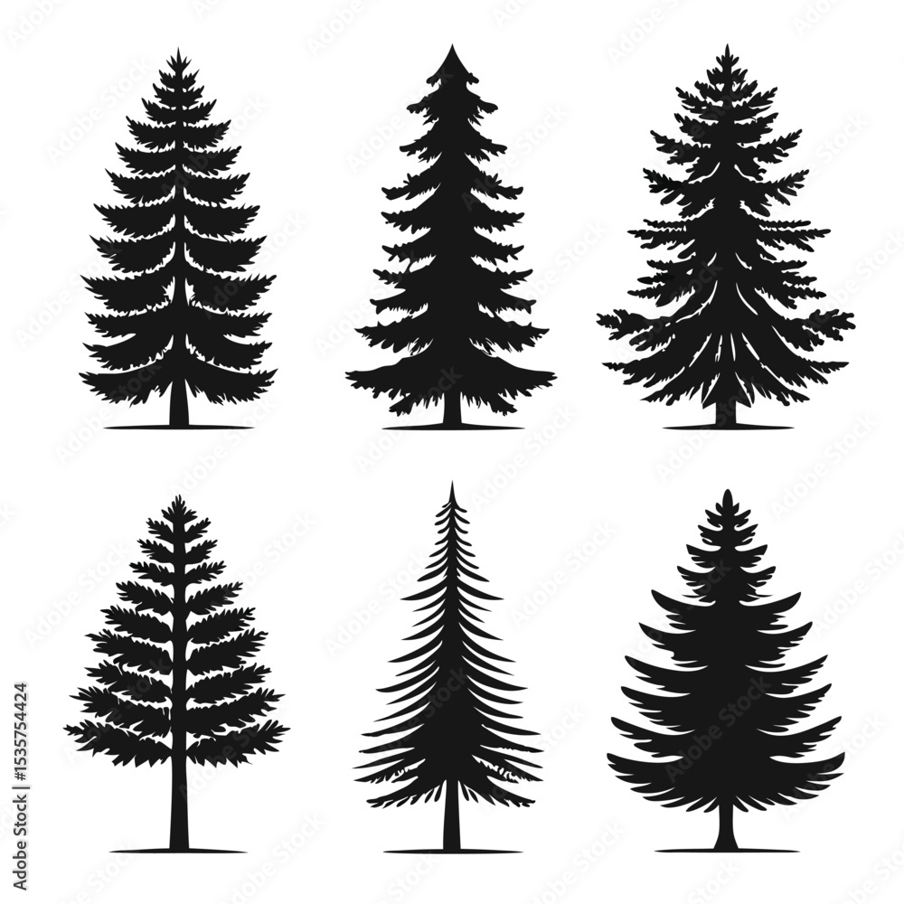 Obraz premium Vector illustration of various black silhouettes of evergreen pine trees on a white background