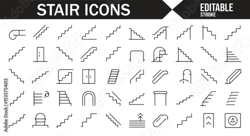 Set of editable icons for stair designs, stairways, and ladders in architectural style.