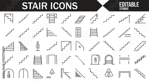 Editable vector icons for stairs, featuring various designs and styles of stairways and ladders.