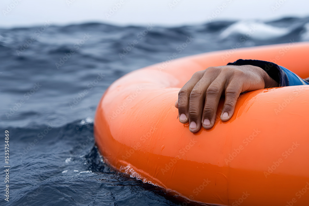 Fototapeta premium Hand gripping lifebuoy in open sea,concept of refugees,migrants facing danger,refugees crossing sea,migrants in search of safety,humanitarian crisis,survival at sea,dangerous trip,risk,danger to life