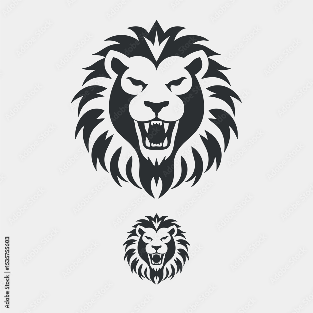 Two roaring lion head vector logos in a bold, regal style, perfect for a powerful and majestic brand identity. Two roaring lion head vector logos in a bold, regal style, perfect for a powerful and majestic brand identity.