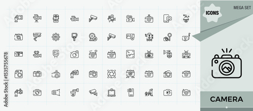 Camera modern icon set. Minimal thin line web icons set. Art and illustration. Photography related icon set. Contain linear sign photograph, media, capture, cam and more.