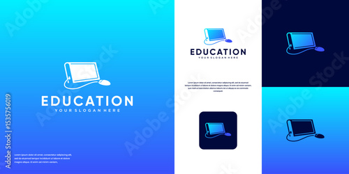 education technology logo with book and computer monitor concept, education technology services, vector design template.