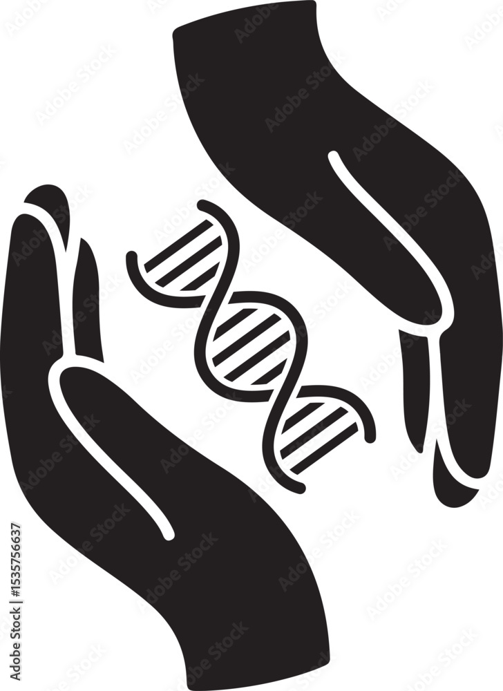 Black silhouette of two cupped hands gently holding a double-helix DNA strand Black silhouette of two cupped hands gently holding a double-helix DNA strand